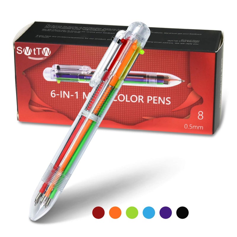 smttw 8 Pack 0.5mm 6-in-1 Multicolor Ballpoint Pen - Best for Smooth Writing-Retractable Ballpoint Pens for Office School Supplies Students Children Unique Gifts - Image 1